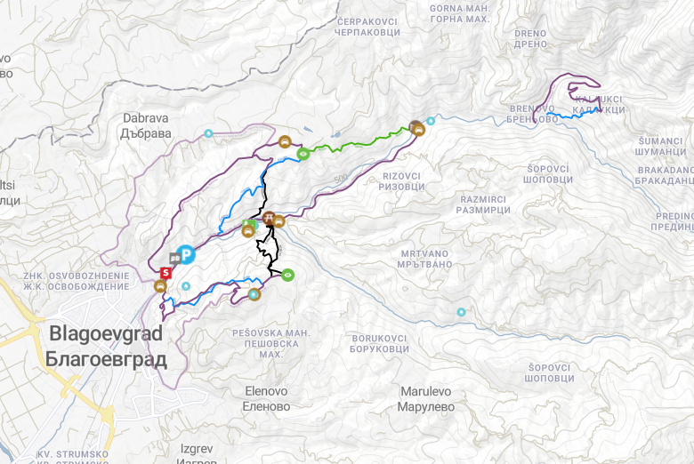 Mountain bike trail map showing routes near Blagoevgrad Bulgaria with difficulty ratings for MTB riders